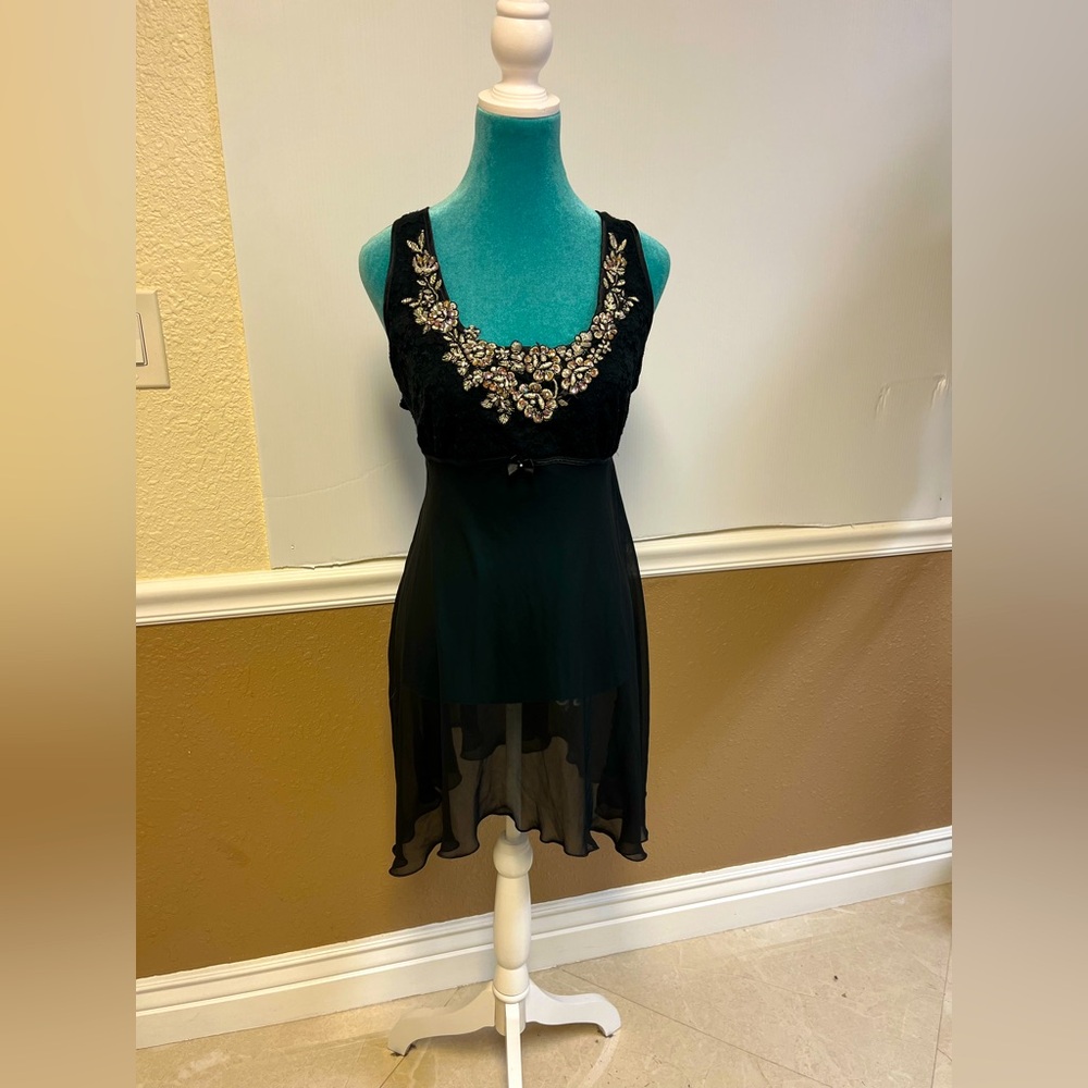 Jessica Vintage Black Velvet Sheer Babydoll Slip Dress Iridescent Beaded Floral